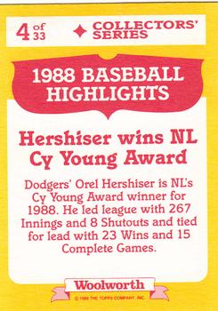 1989 Topps Woolworth Baseball Highlights #4 Orel Hershiser Back