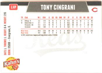 2013 Kahn's Cincinnati Reds #NNO Tony Cingrani Back