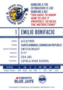 2013 Swing Into Summer Safety Toronto Blue Jays #NNO Emilio Bonifacio Back