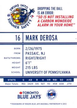 2013 Swing Into Summer Safety Toronto Blue Jays #NNO Mark Derosa Back