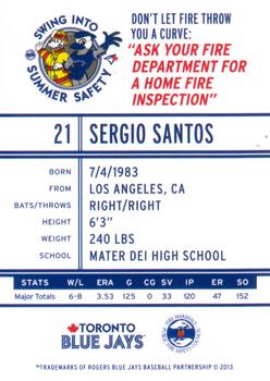 2013 Swing Into Summer Safety Toronto Blue Jays #NNO Sergio Santos Back