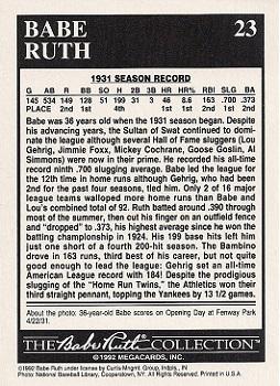 1992 Megacards Babe Ruth #23 .700 Slugging Average for 9th Time Back