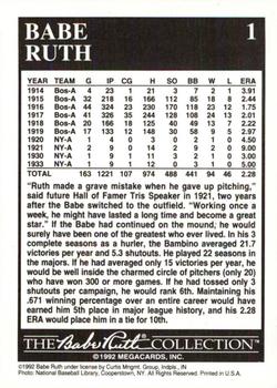 1992 Megacards Babe Ruth #1 Lifetime Pitching Statistics Back