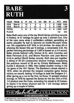 1992 Megacards Babe Ruth #3 Lifetime-World Series Pitching Back