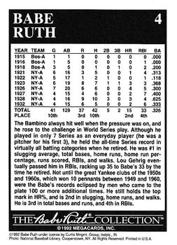 1992 Megacards Babe Ruth #4 Lifetime World Series Batting Back