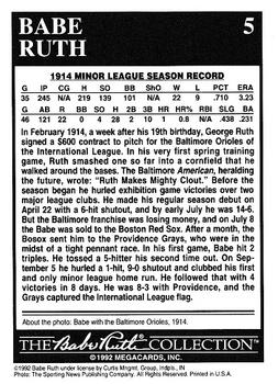 1992 Megacards Babe Ruth #5 22-9 Record in the Minors Back