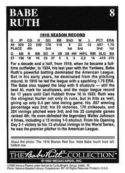 1992 Megacards Babe Ruth #8 Led League with 1.75 ERA and 9 Shutouts Back