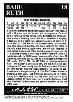 1992 Megacards Babe Ruth #18 Bats .372 With a .737 Slugging Average Back