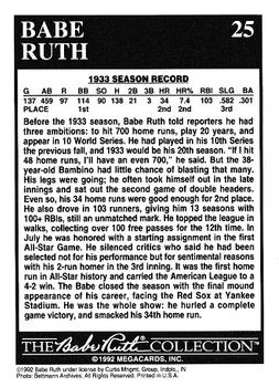 1992 Megacards Babe Ruth #25 Over 100 RBIs for 13th Time  Back