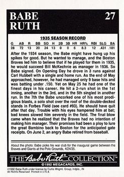 1992 Megacards Babe Ruth #27 Babe Retires Back
