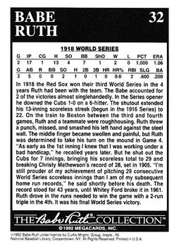 1992 Megacards Babe Ruth #32 Scoreless Inning Streak Soars Back