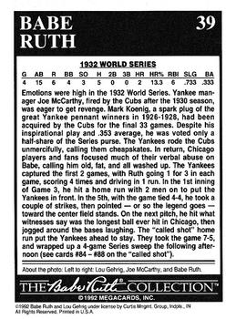 1992 Megacards Babe Ruth #39 Yanks Sweep Cubs Back