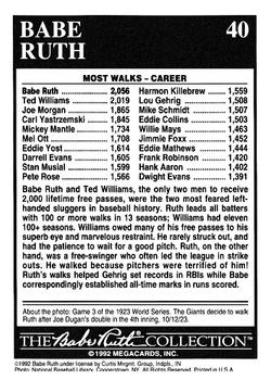 1992 Megacards Babe Ruth #40 Lifetime-2,056 Walks Back