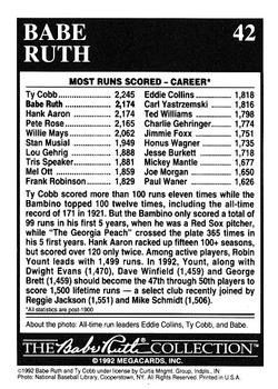 1992 Megacards Babe Ruth #42 Lifetime - 2,174 Runs Scored Back