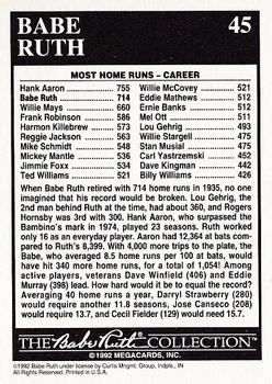 1992 Megacards Babe Ruth #45 Lifetime - 714 Home Runs Back