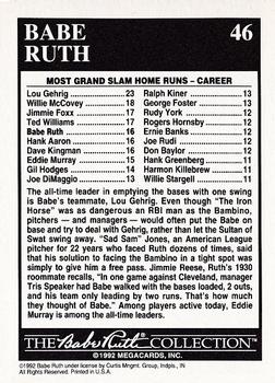1992 Megacards Babe Ruth #46 Lifetime - 16 Grand Slams Back