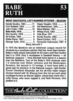 1992 Megacards Babe Ruth #53 Season - 9 Shutouts Back
