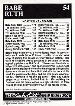 1992 Megacards Babe Ruth #54 Season - 170 Walks Back