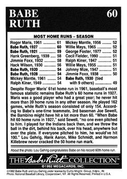1992 Megacards Babe Ruth #60 Season - 60 Home Runs Back