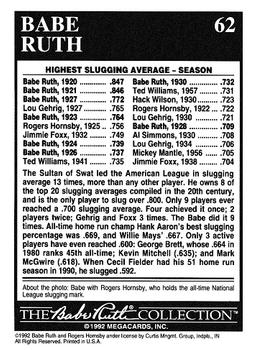 1992 Megacards Babe Ruth #62 Season - .847 Slugging Average Back