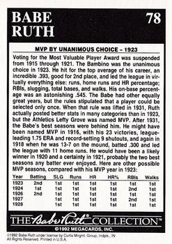 1992 Megacards Babe Ruth #78 Wins American League MVP Back