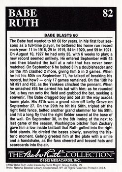 1992 Megacards Babe Ruth #82 The Babe's 60th Home Run: September 30 Back