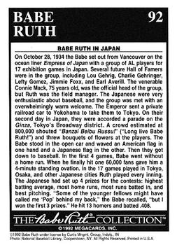 1992 Megacards Babe Ruth #92 Banzai Beibu Russu - The Babe in Japan Back