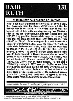 1992 Megacards Babe Ruth #131 Babe's Big Bucks Back