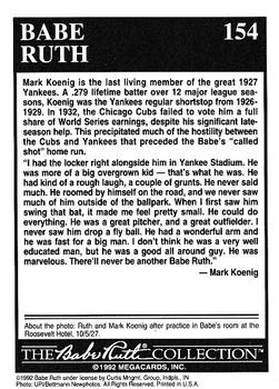 1992 Megacards Babe Ruth #154 Being Remembered by Mark Koenig Back