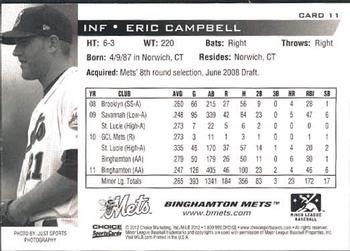 2012 Choice Binghamton Mets #11 Eric Campbell Back