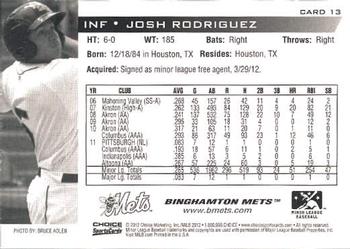 2012 Choice Binghamton Mets #13 Josh Rodriguez Back