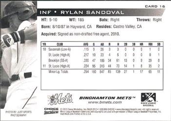 2012 Choice Binghamton Mets #16 Rylan Sandoval Back