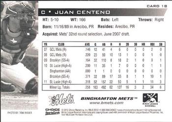 2012 Choice Binghamton Mets #18 Juan Centeno Back