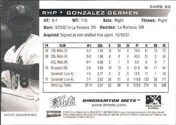 2012 Choice Binghamton Mets #20 Gonzalez Germen Back