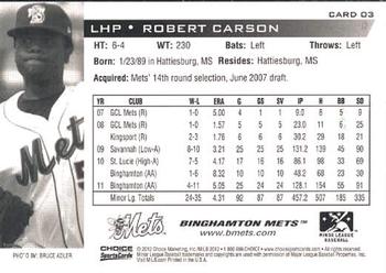 2012 Choice Binghamton Mets #3 Robert Carson Back