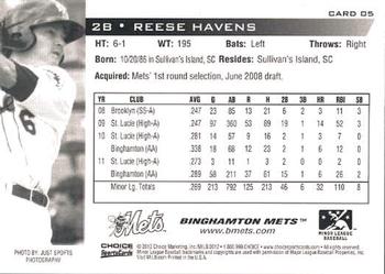 2012 Choice Binghamton Mets #5 Reese Havens Back