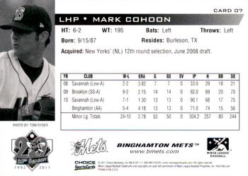 2011 Choice Binghamton Mets #7 Mark Cohoon Back