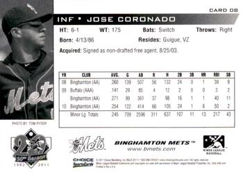 2011 Choice Binghamton Mets #8 Jose Coronado Back