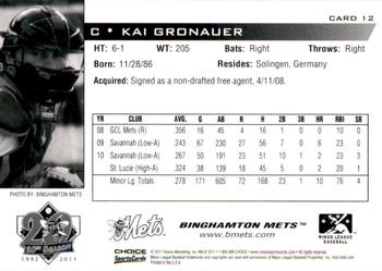 2011 Choice Binghamton Mets #12 Kai Gronauer Back