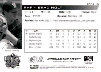 2011 Choice Binghamton Mets #15 Brad Holt Back