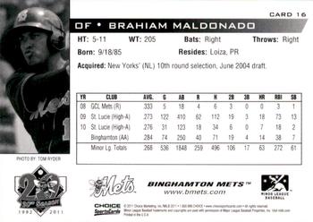 2011 Choice Binghamton Mets #16 Brahiam Maldonado Back