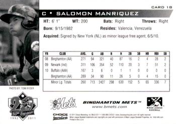 2011 Choice Binghamton Mets #18 Salomon Manriquez Back