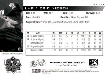 2011 Choice Binghamton Mets #21 Eric Niesen Back