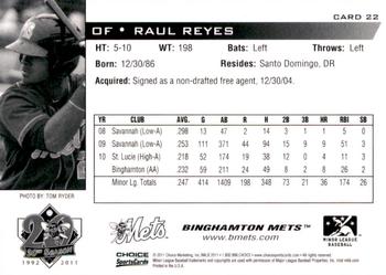 2011 Choice Binghamton Mets #22 Raul Reyes Back