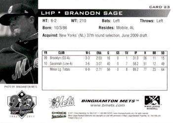 2011 Choice Binghamton Mets #23 Brandon Sage Back