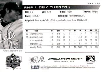 2011 Choice Binghamton Mets #25 Erik Turgeon Back