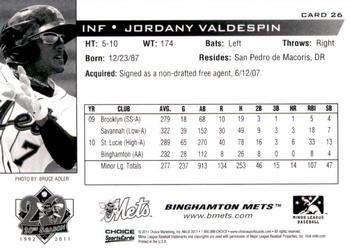 2011 Choice Binghamton Mets #26 Jordany Valdespin Back