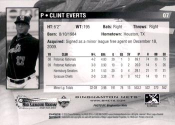 2010 Choice Binghamton Mets #7 Clint Everts Back
