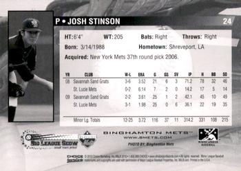 2010 Choice Binghamton Mets #24 Josh Stinson Back