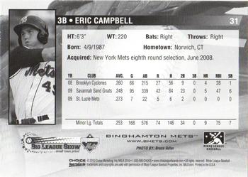 2010 Choice Binghamton Mets #31 Eric Campbell Back